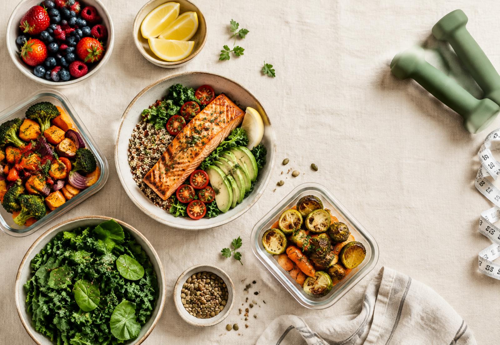 Healthy meal prep with salmon bowl, vegetables and berries